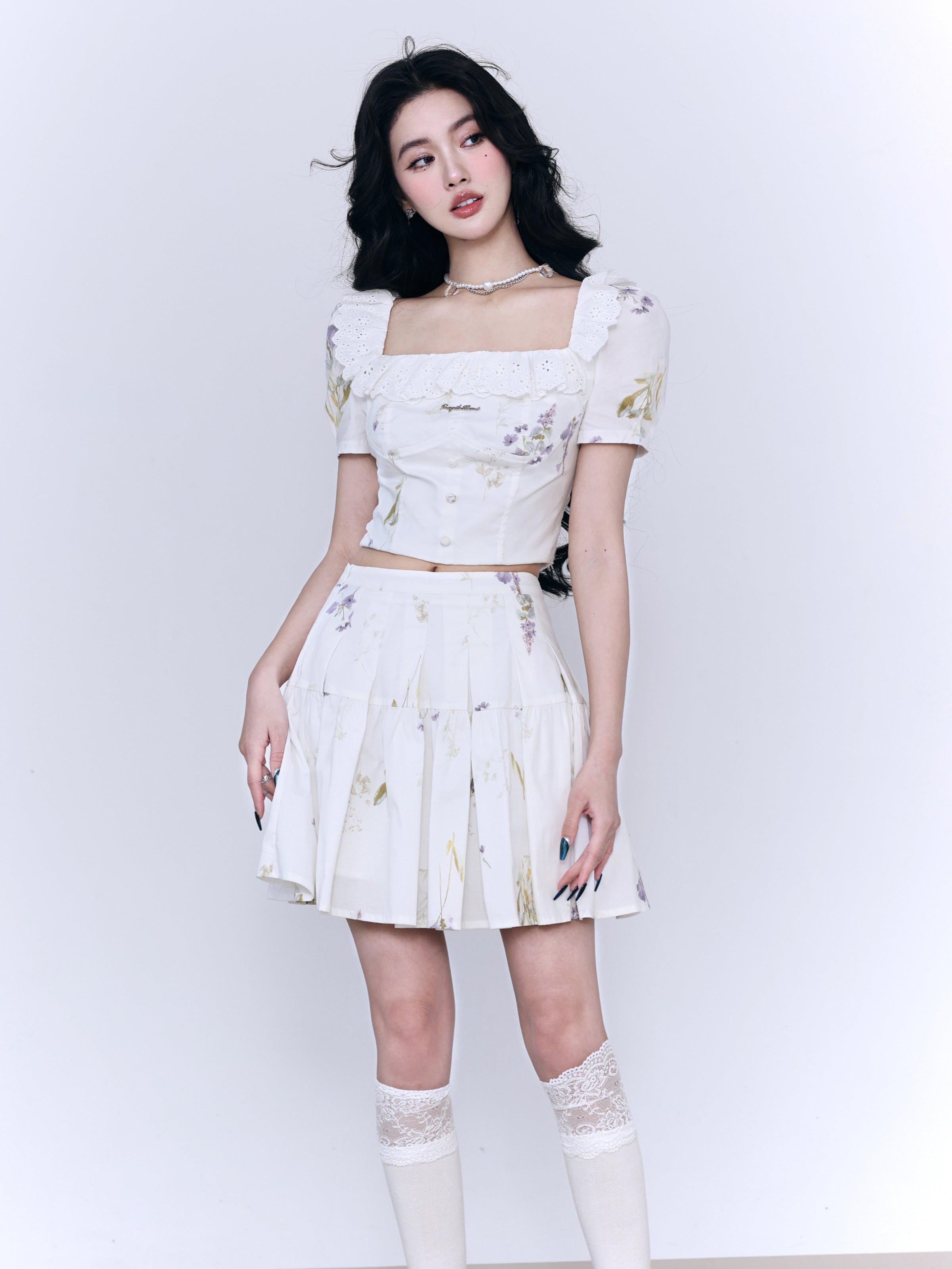 Lace Flower Natural Frill Girly PLEATS BLOUSE & SHORT-SKIRT
