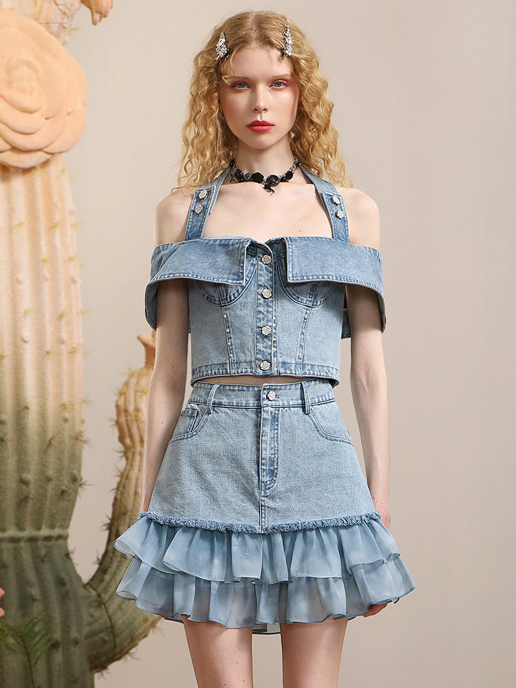Tops & Rock Off-Shoulder-Frill Denim Lace Mix Nichi Setup
