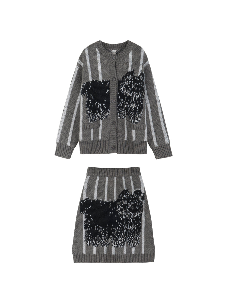 Stripe Retro Modest Knit Cardigan&Skirt