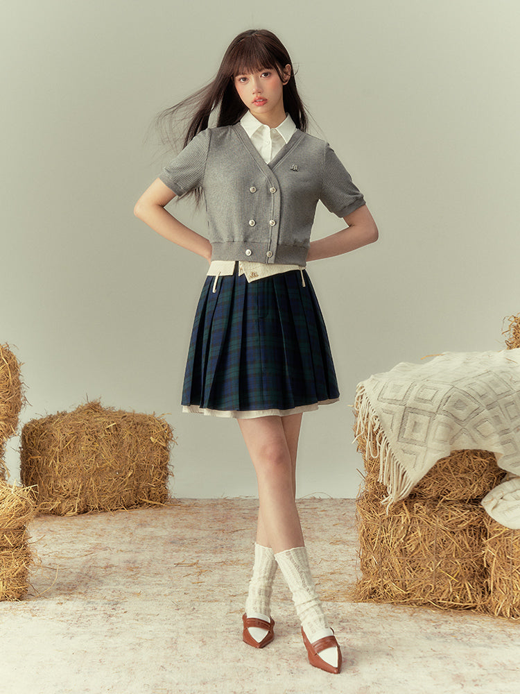 V-NECK COLLEGE SHORL KNIT HALF-SLEEVE CARDIGAN