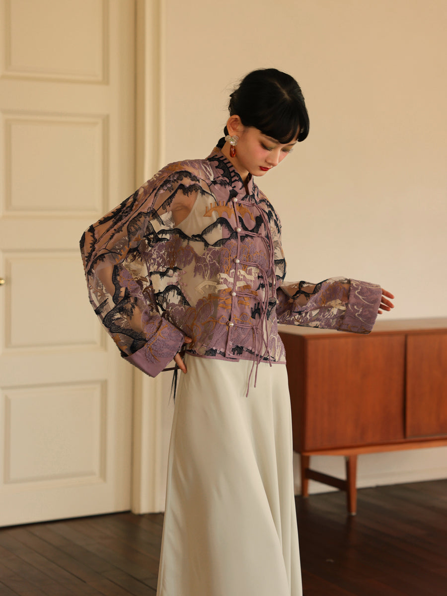 자수 중국 레트로 시프 스루 탑