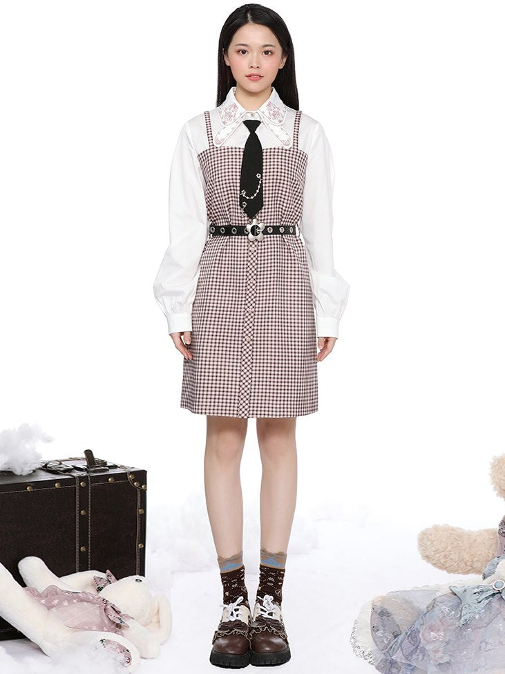 Broderie plaid rétro court girly monobloc