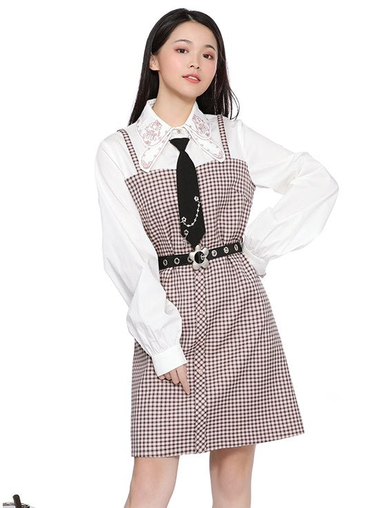 Broderie plaid rétro court girly monobloc