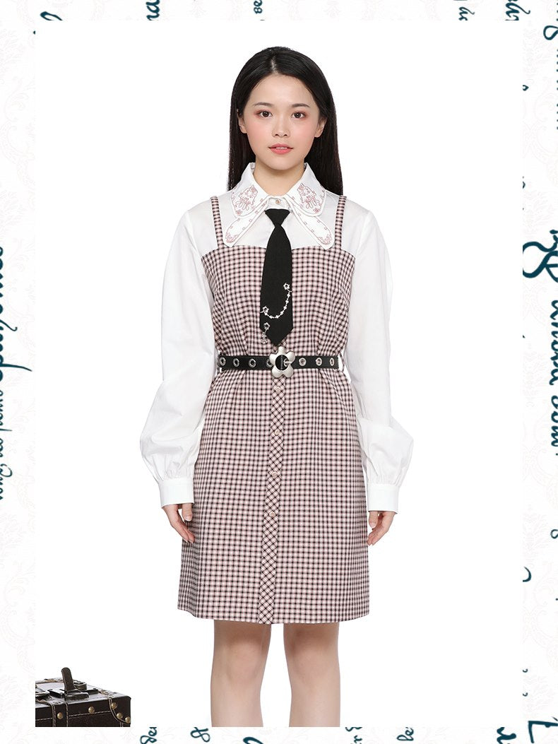 Broderie plaid rétro court girly monobloc