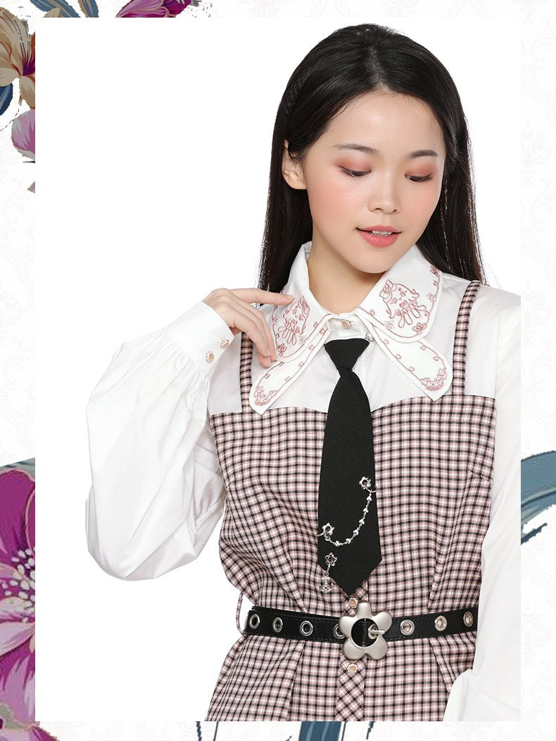 Broderie plaid rétro court girly monobloc