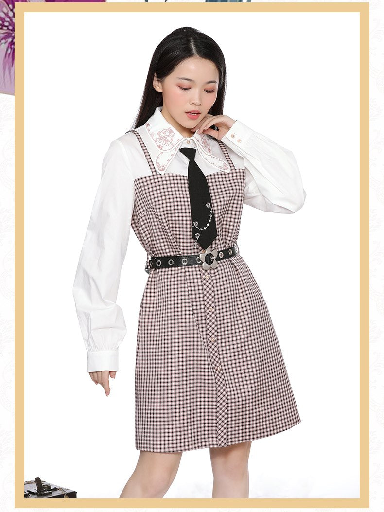 Broderie plaid rétro court girly monobloc