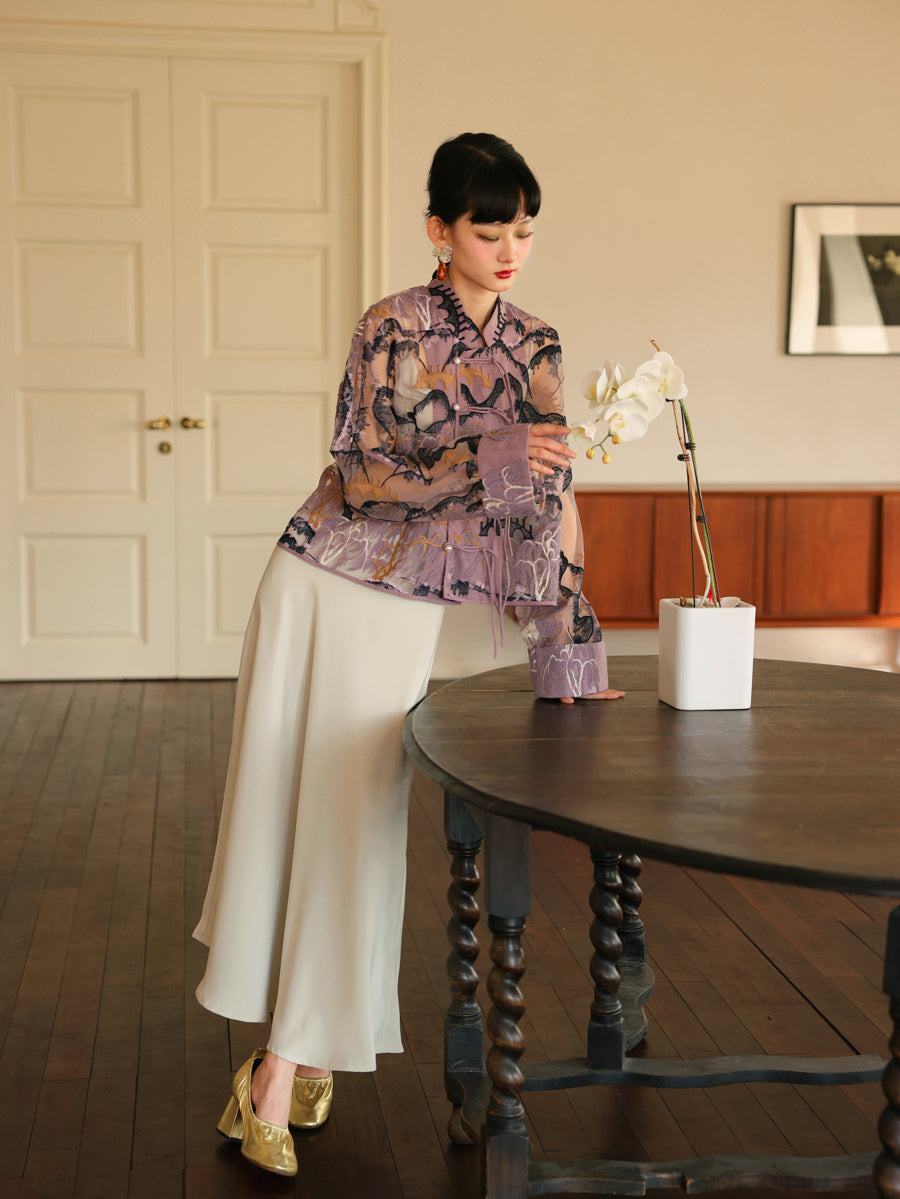 자수 중국 레트로 시프 스루 탑