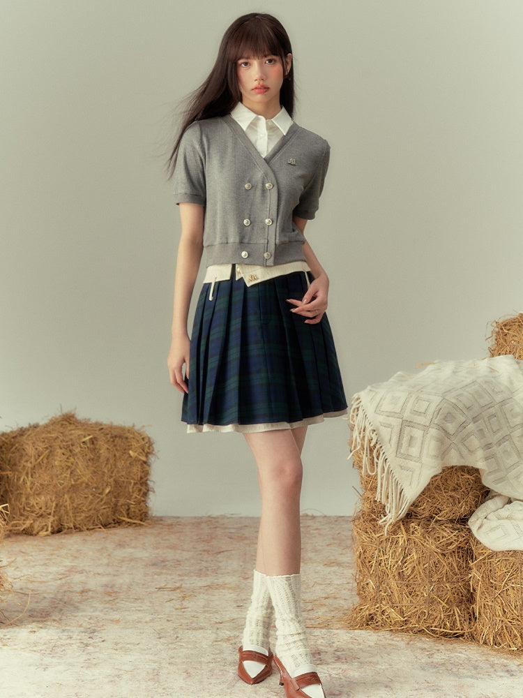 V-NECK COLLEGE SHORL KNIT HALF-SLEEVE CARDIGAN