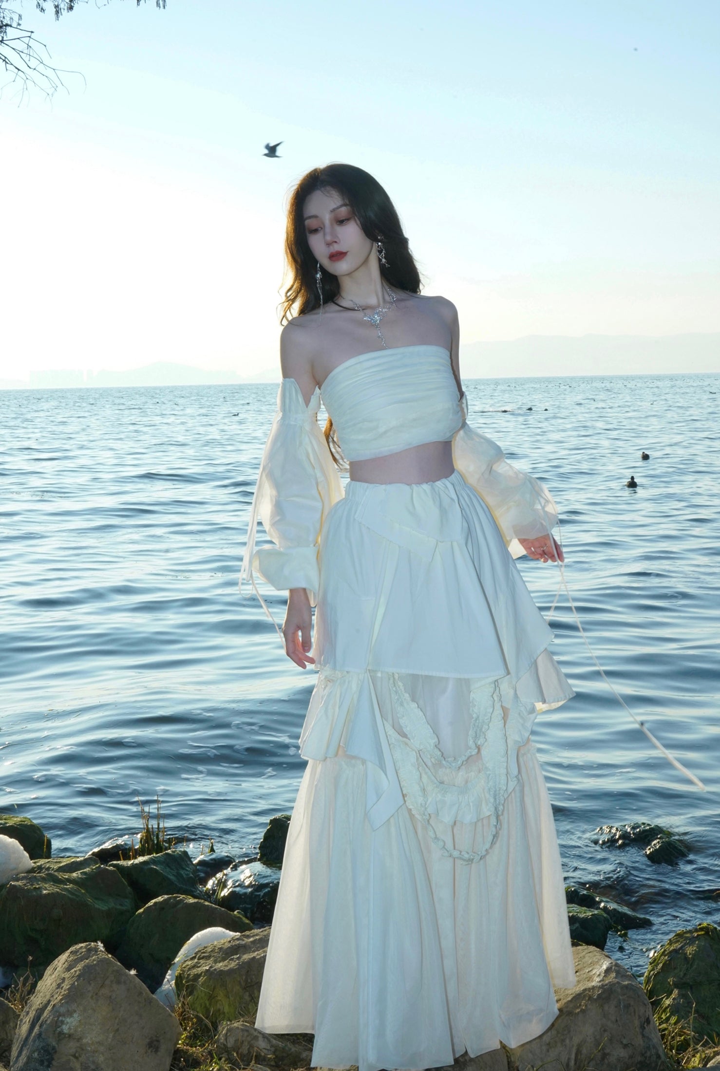 비대칭 계층 레이스 니치 긴 스커트