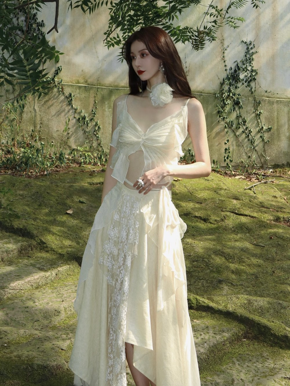 Lace Ciffon Asynmmetry Long Skirt