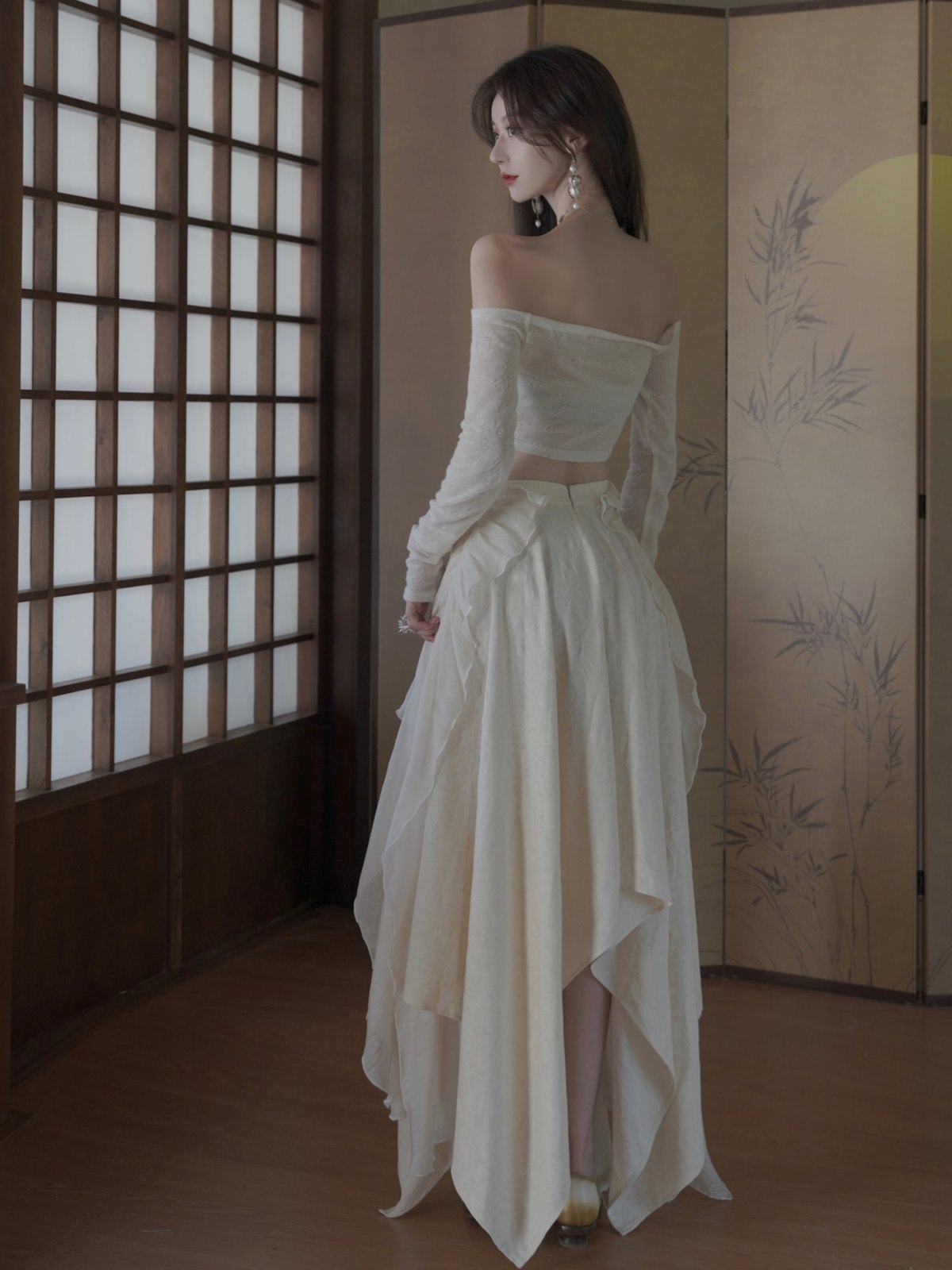 Lace Ciffon Asynmmetry Long Skirt