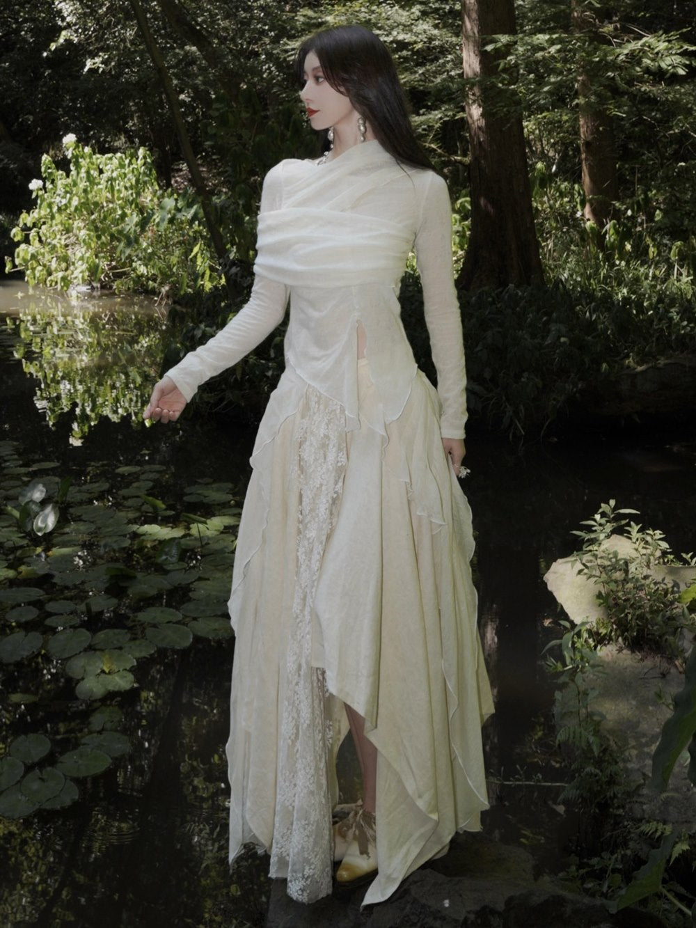 Lace Ciffon Asynmmetry Long Skirt
