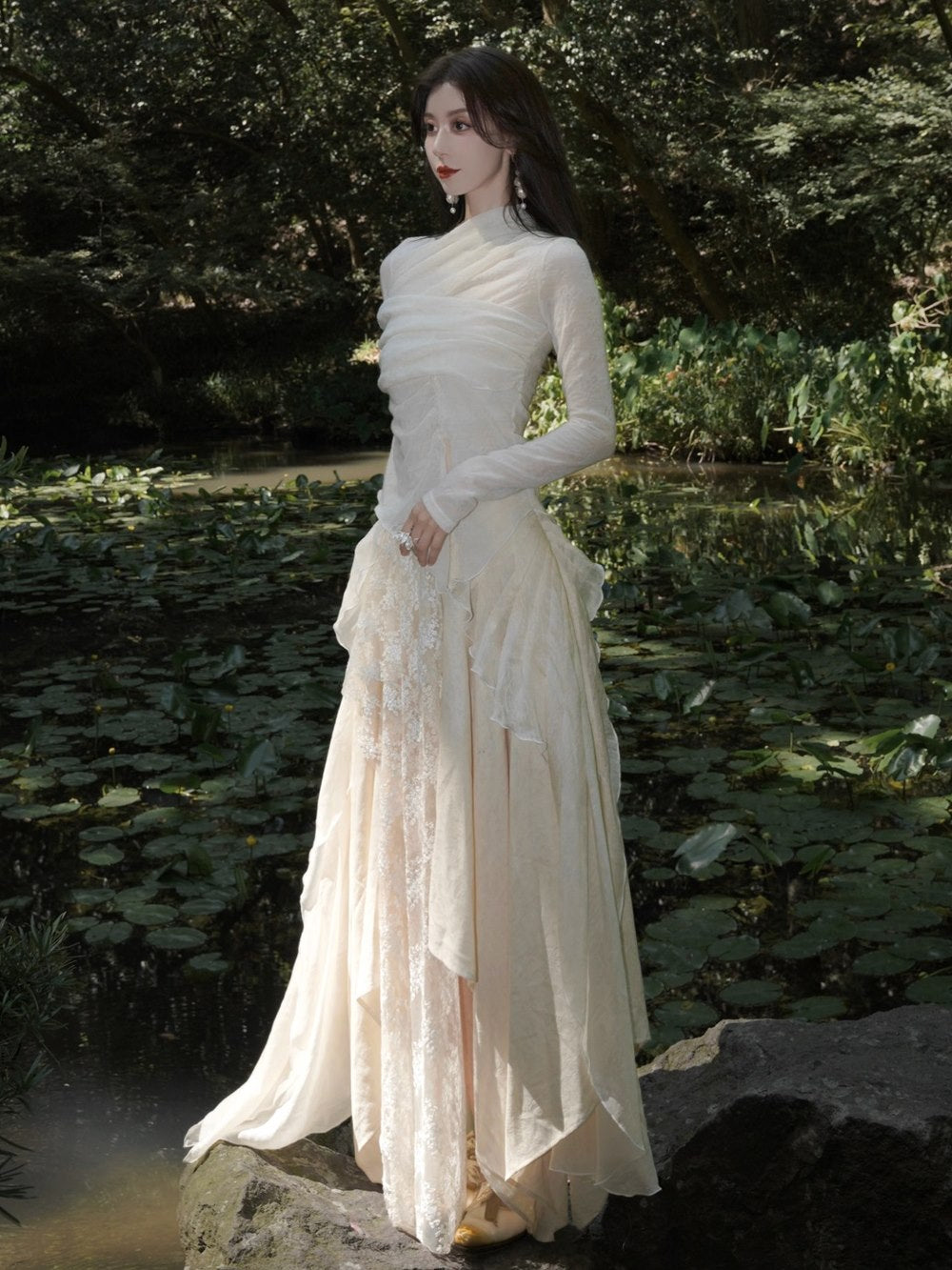 Lace Ciffon Asynmmetry Long Skirt
