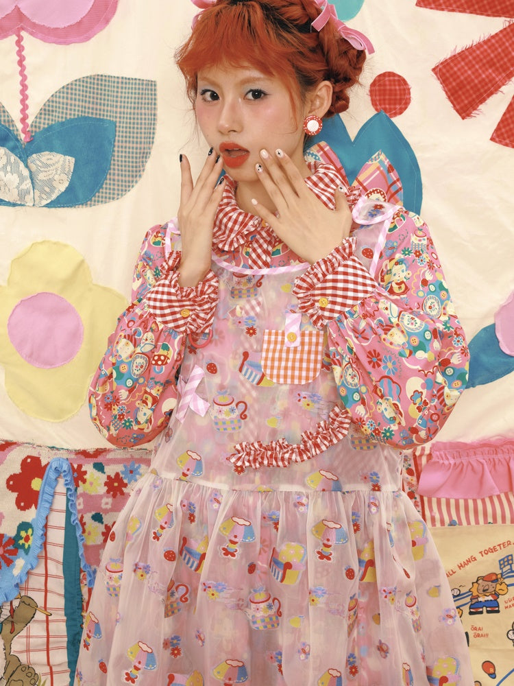 Fancy Pop Badge Layered APRON ONE-PIECE