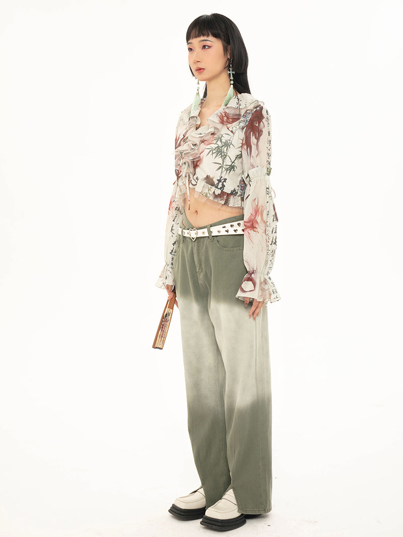 프릴 일본식 자른 푹신한 블라우스