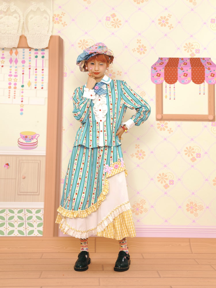Fancy Frill Lace Flower Stripe Girly Asymemtry Long-Skirt