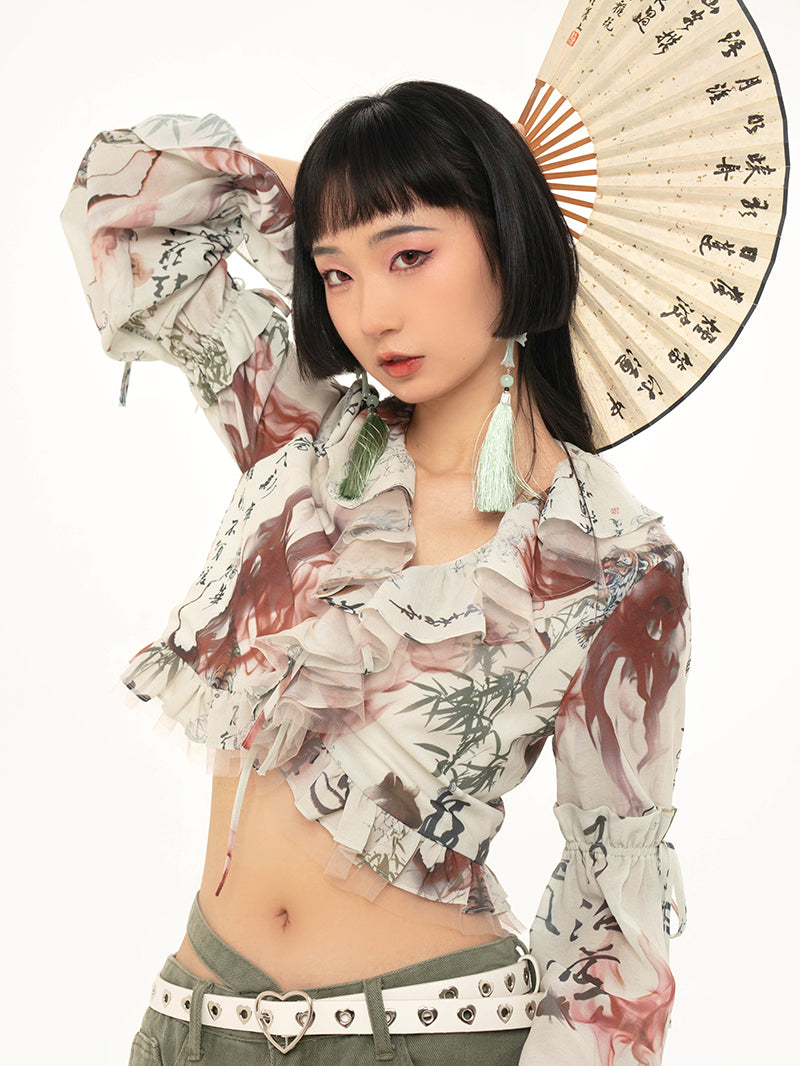 프릴 일본식 자른 푹신한 블라우스