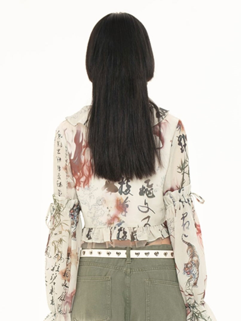 프릴 일본식 자른 푹신한 블라우스