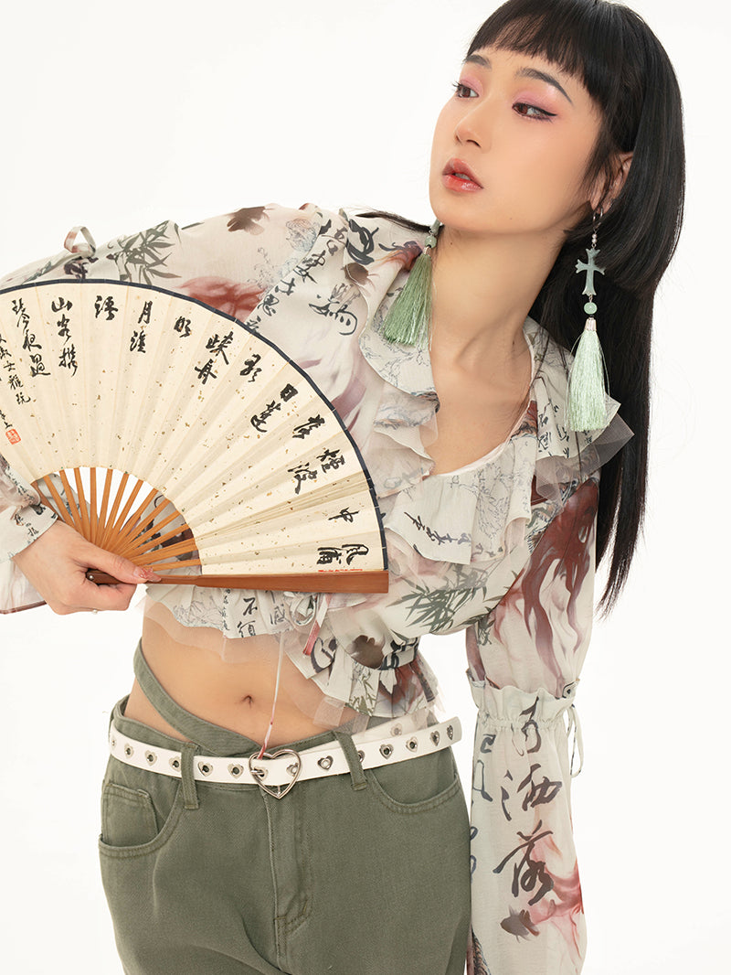 프릴 일본식 자른 푹신한 블라우스