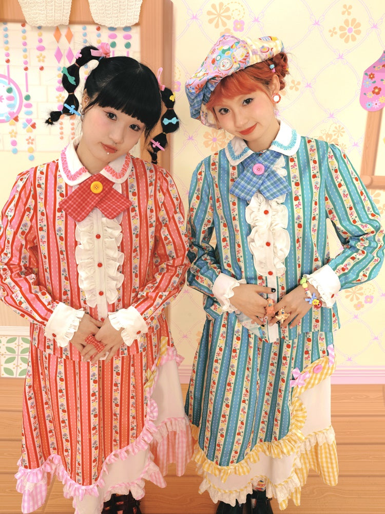 Fancy Frill Lace Flower Stripe Girly Asymemtry Long-Skirt