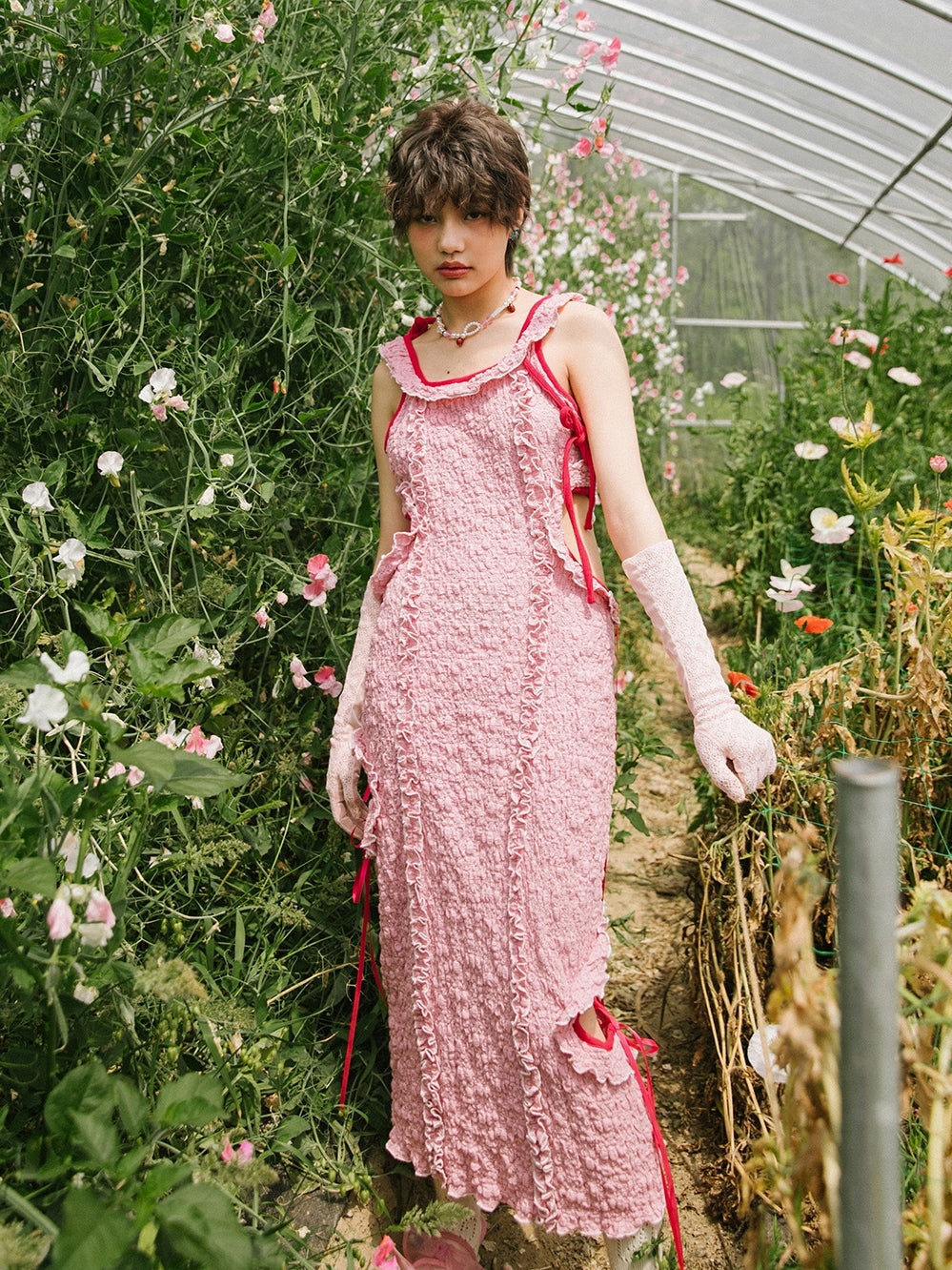 Ruffle Slim Wrinkled One-Piece