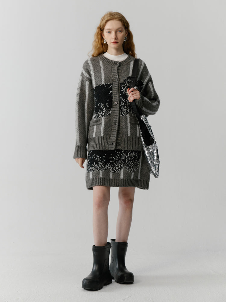 Stripe Retro Modest Knit Cardigan&Skirt