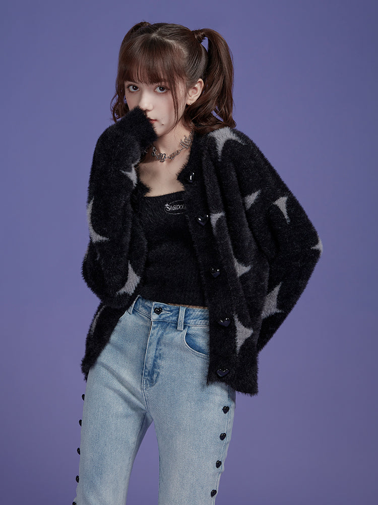 Star Fluffy Knit Camisole&Cardigan Set-up