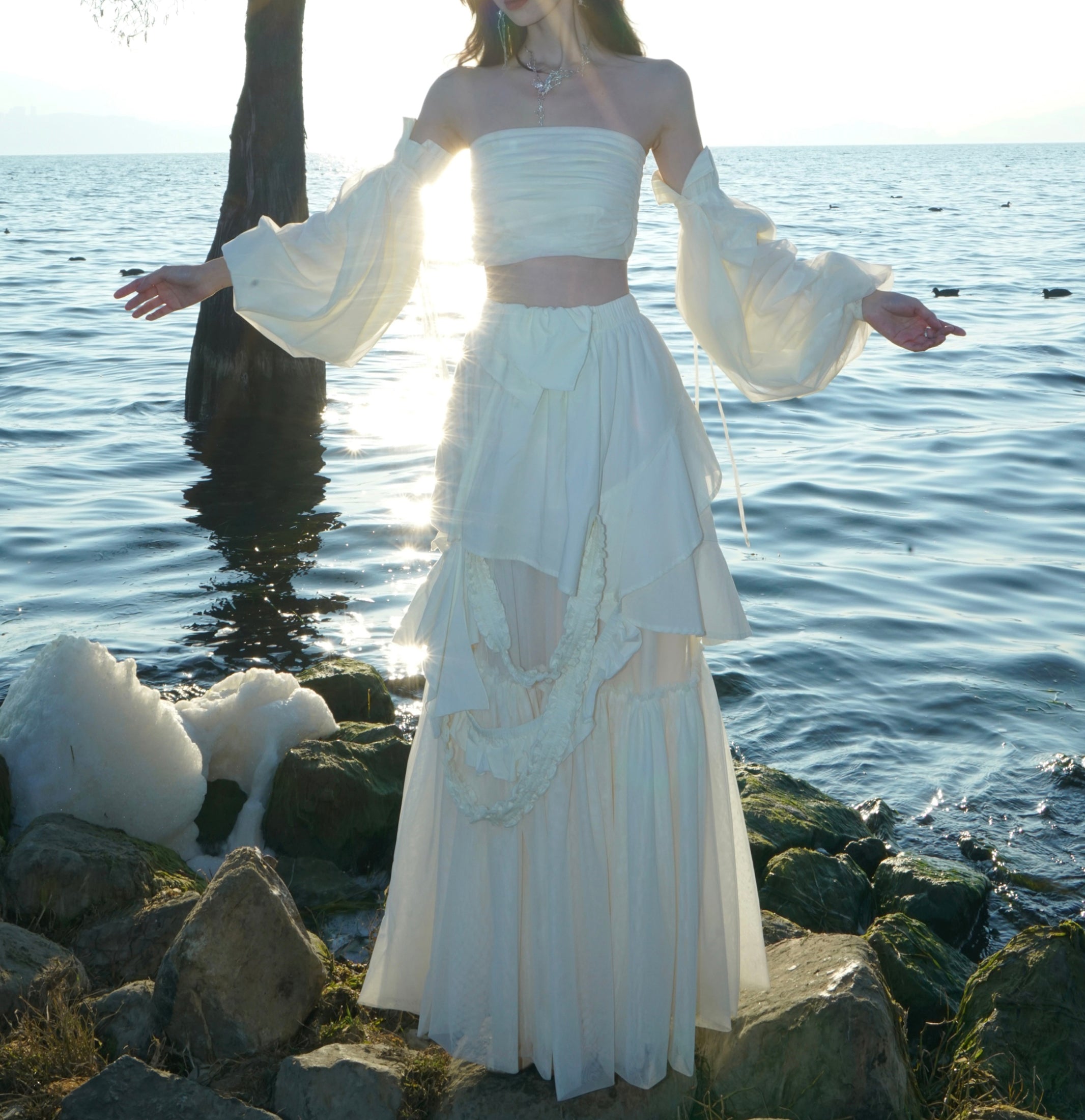 비대칭 계층 레이스 니치 긴 스커트