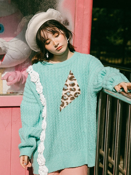 THREE -DIMENSIONAL ROSE LEOPARD RETRO SWEATER KNIT -DONT BITE EYES