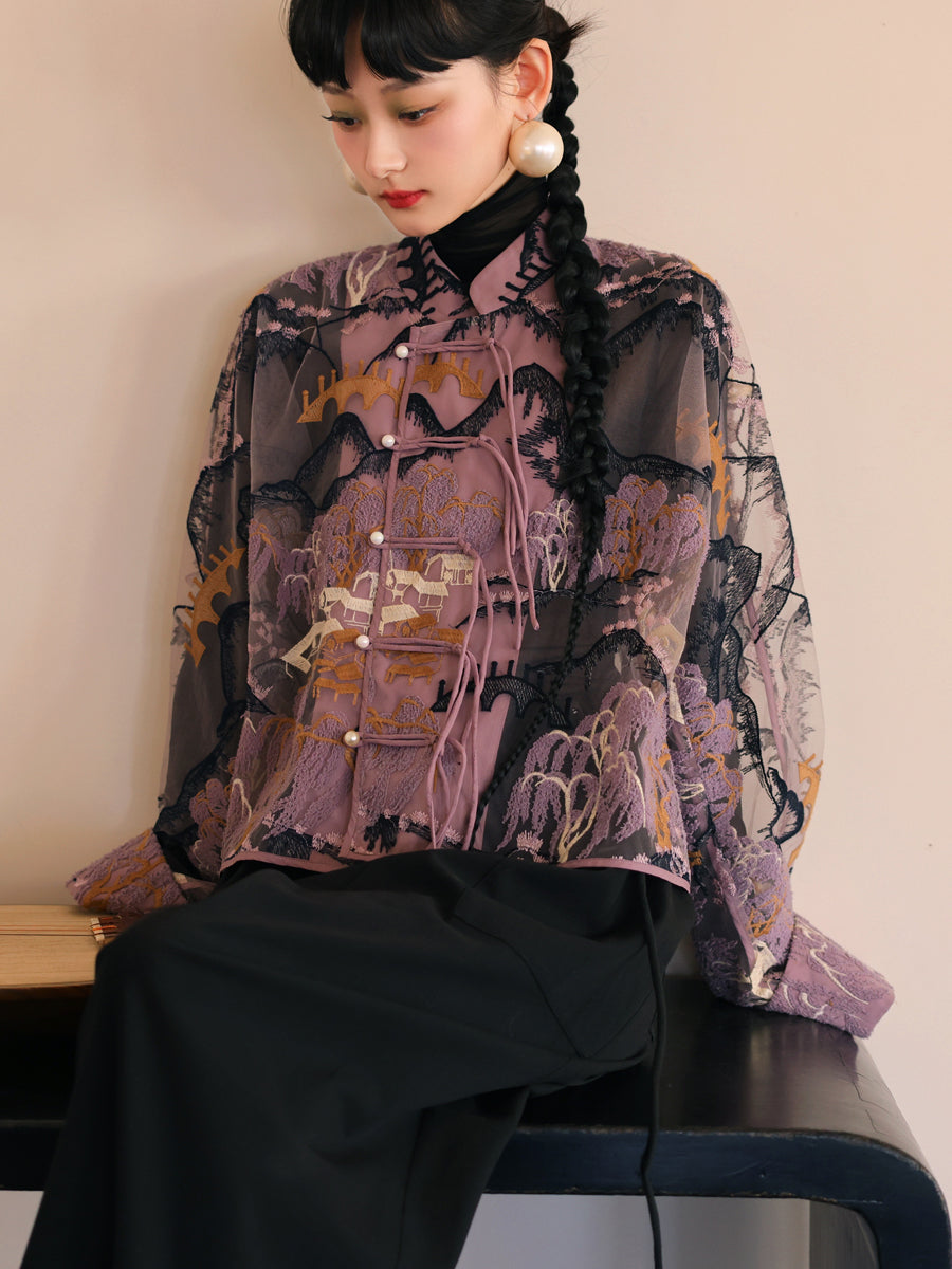 자수 중국 레트로 시프 스루 탑