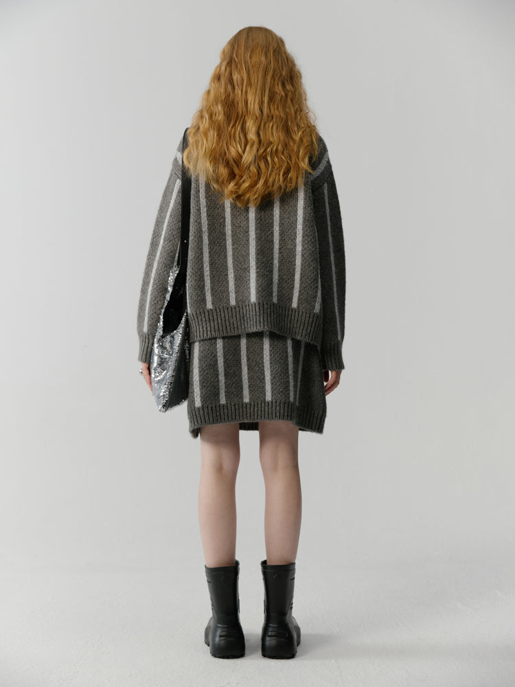 Stripe Retro Modest Knit Cardigan&Skirt
