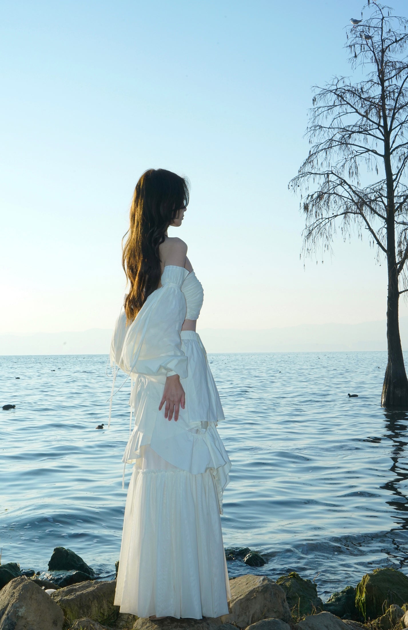 비대칭 계층 레이스 니치 긴 스커트