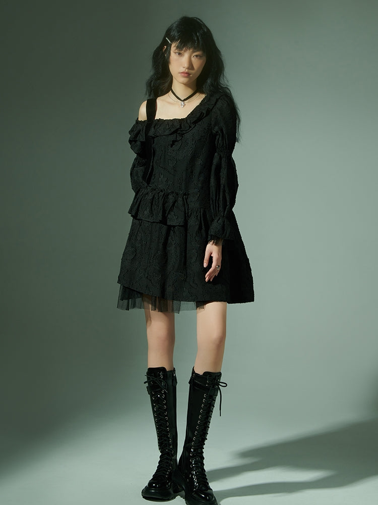 Opne-Shoulder 불규칙한 계층 밑단 원피스