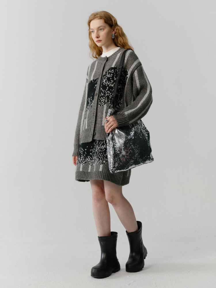 Stripe Retro Modest Knit Cardigan&Skirt