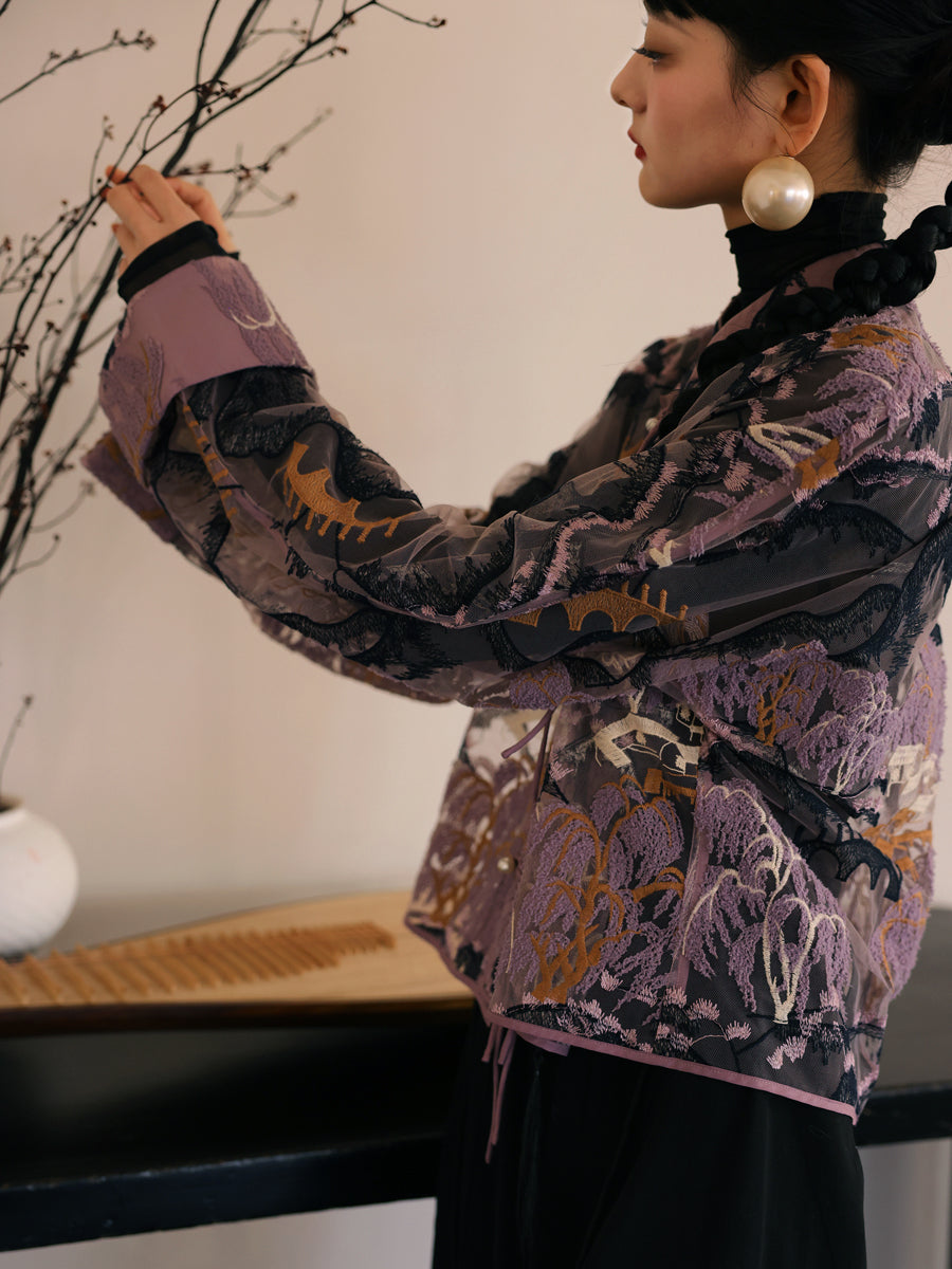 자수 중국 레트로 시프 스루 탑