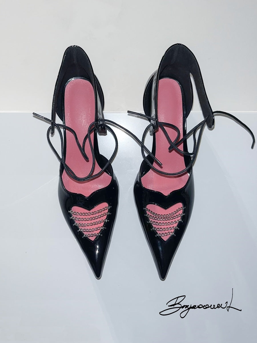 Pointed-Toe Enamel Heart-Cut Ankle-Strap Pumps