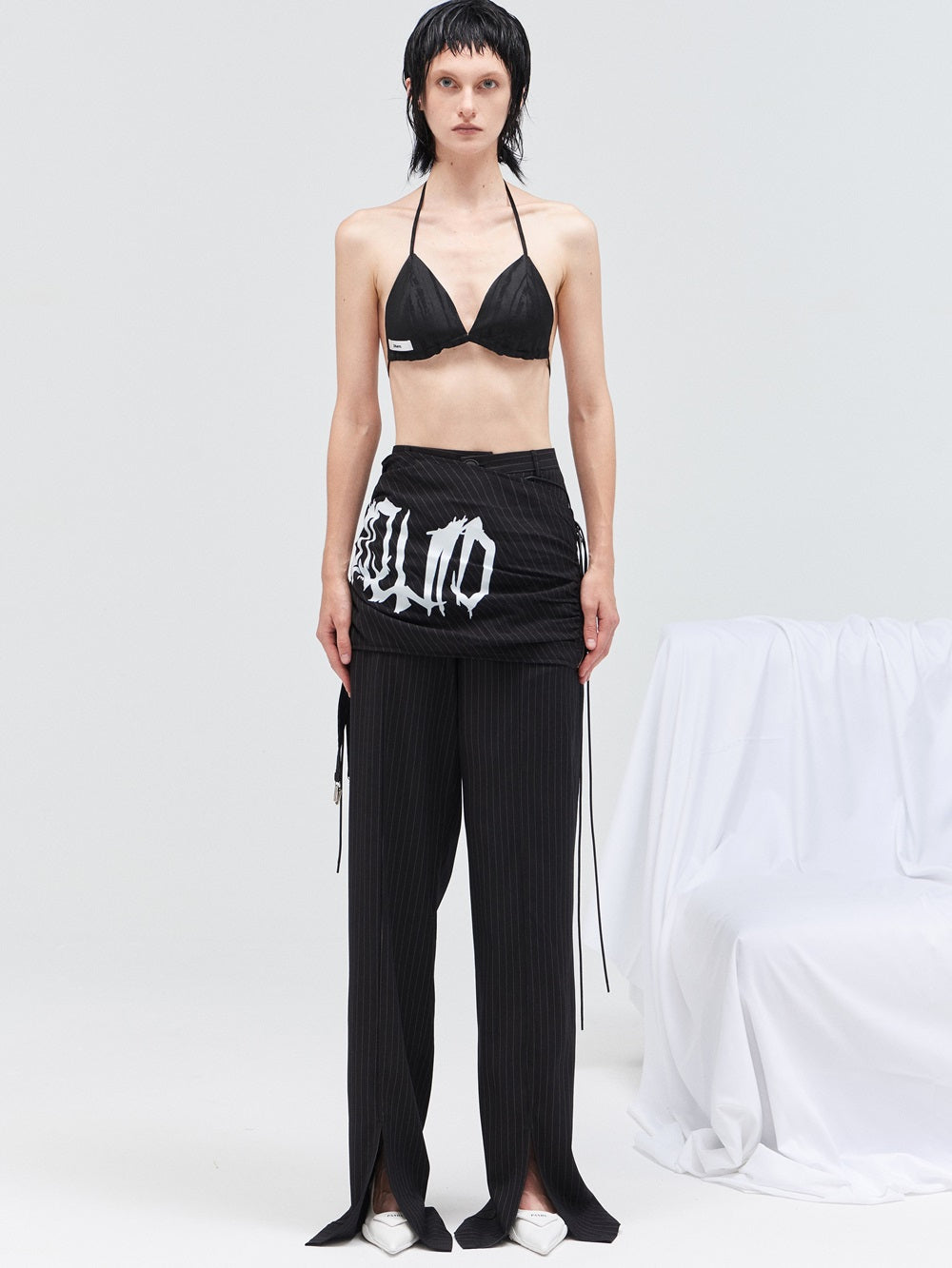 스트라이프 스커트 드레이프 슬릿 바지