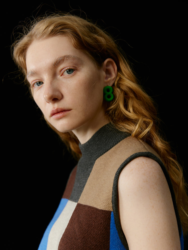 Multi-Color Colorful Block-Checked Knit Vest & Skit