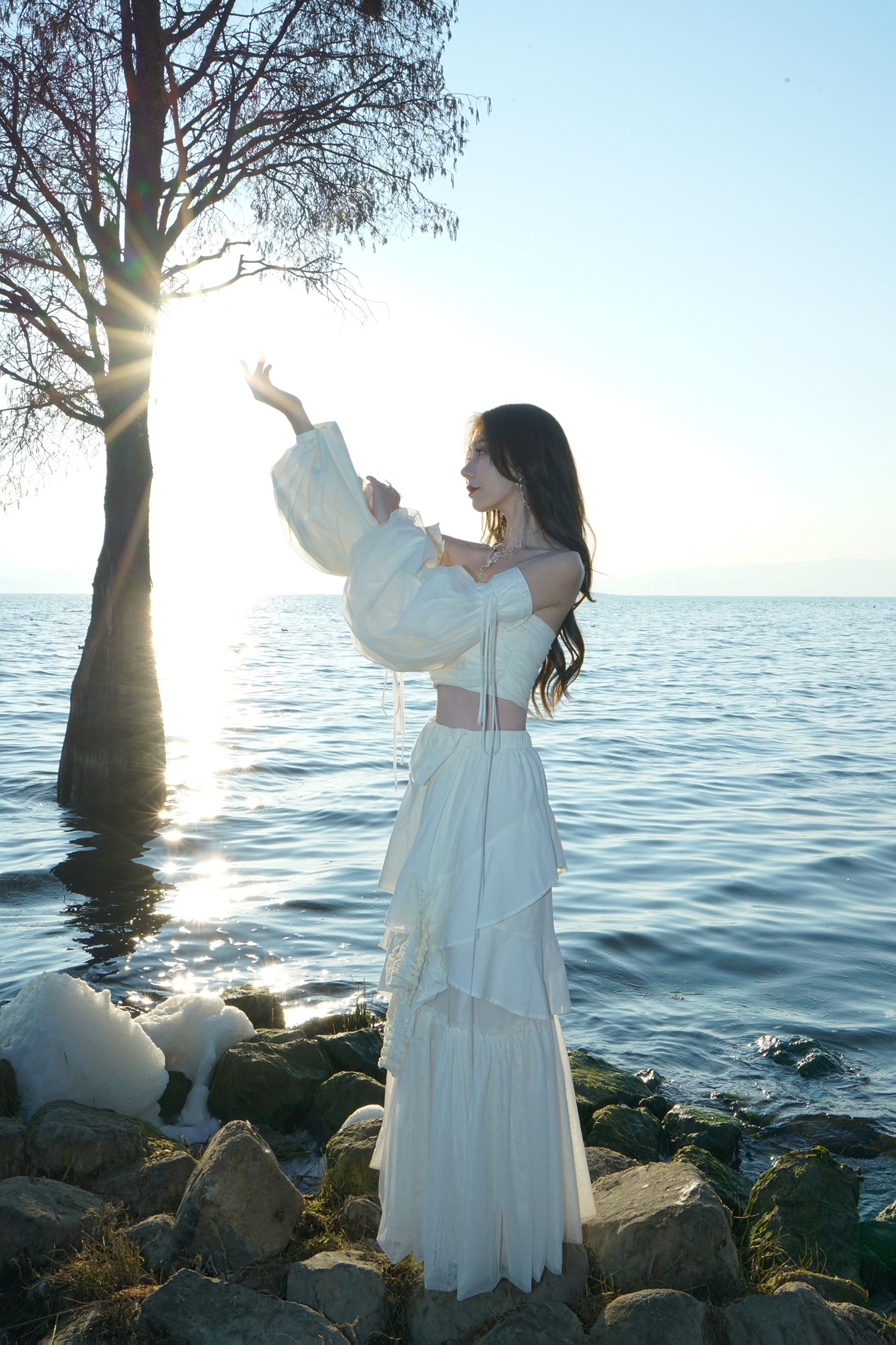 비대칭 계층 레이스 니치 긴 스커트