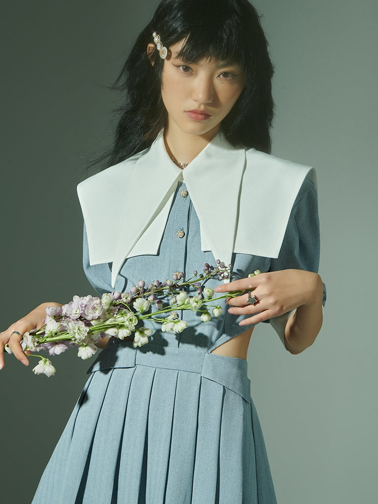 사이드 컷 더블 콜라 주름 1 피스