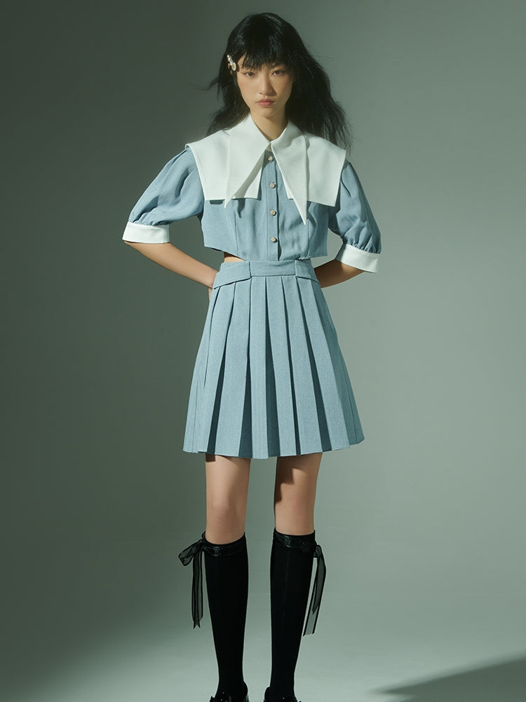 사이드 컷 더블 콜라 주름 1 피스