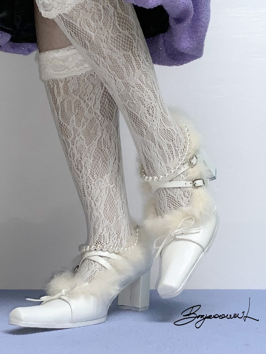 모피 파티 진주 리본 청키 힐 우아한 펌프