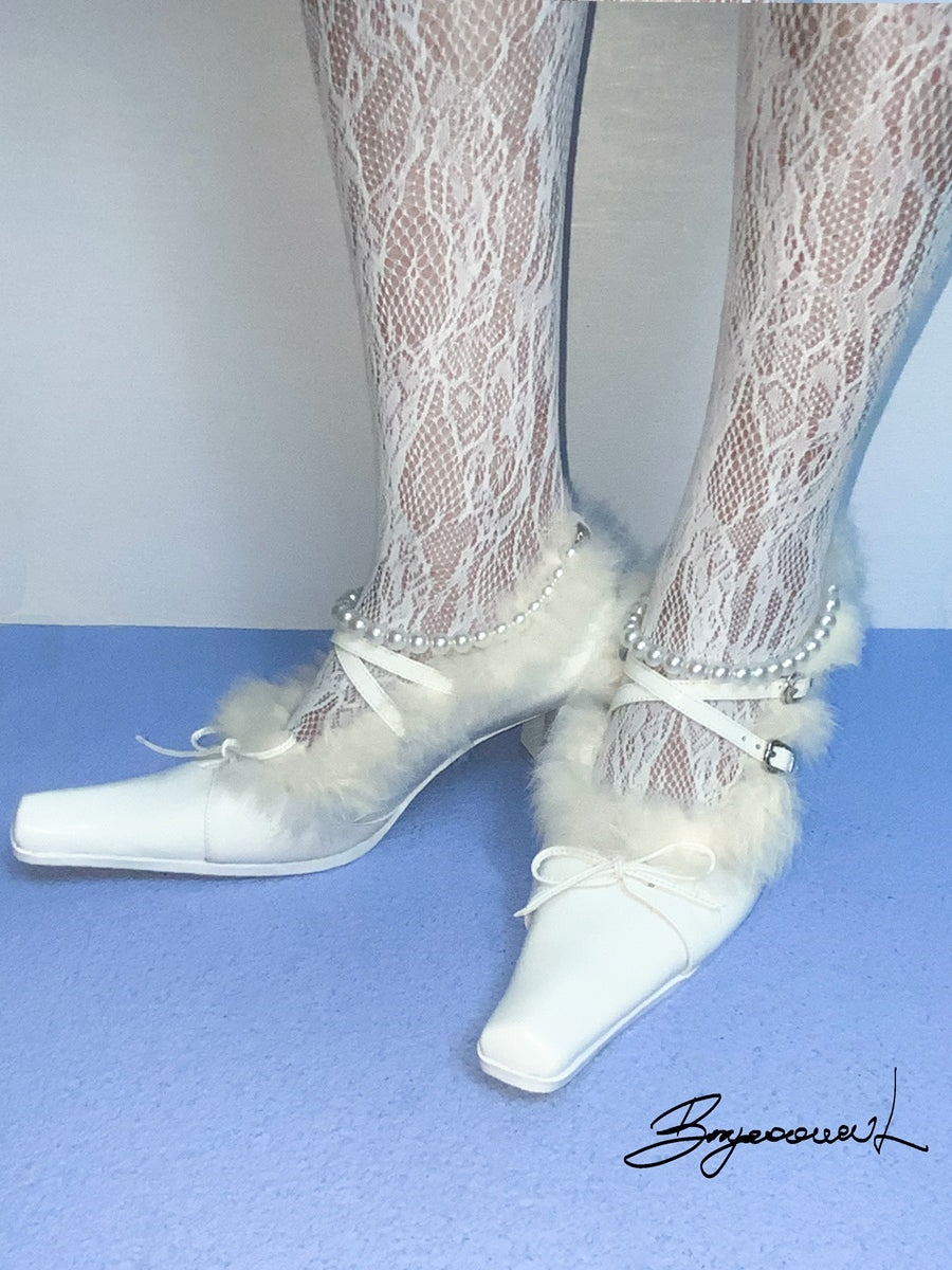 모피 파티 진주 리본 청키 힐 우아한 펌프