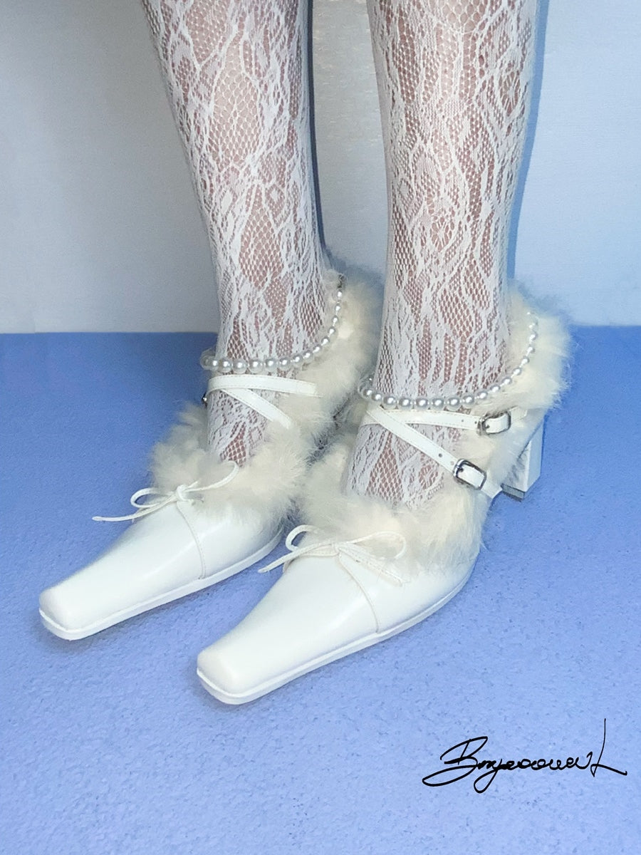 모피 파티 진주 리본 청키 힐 우아한 펌프