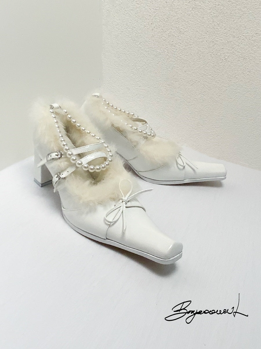 모피 파티 진주 리본 청키 힐 우아한 펌프