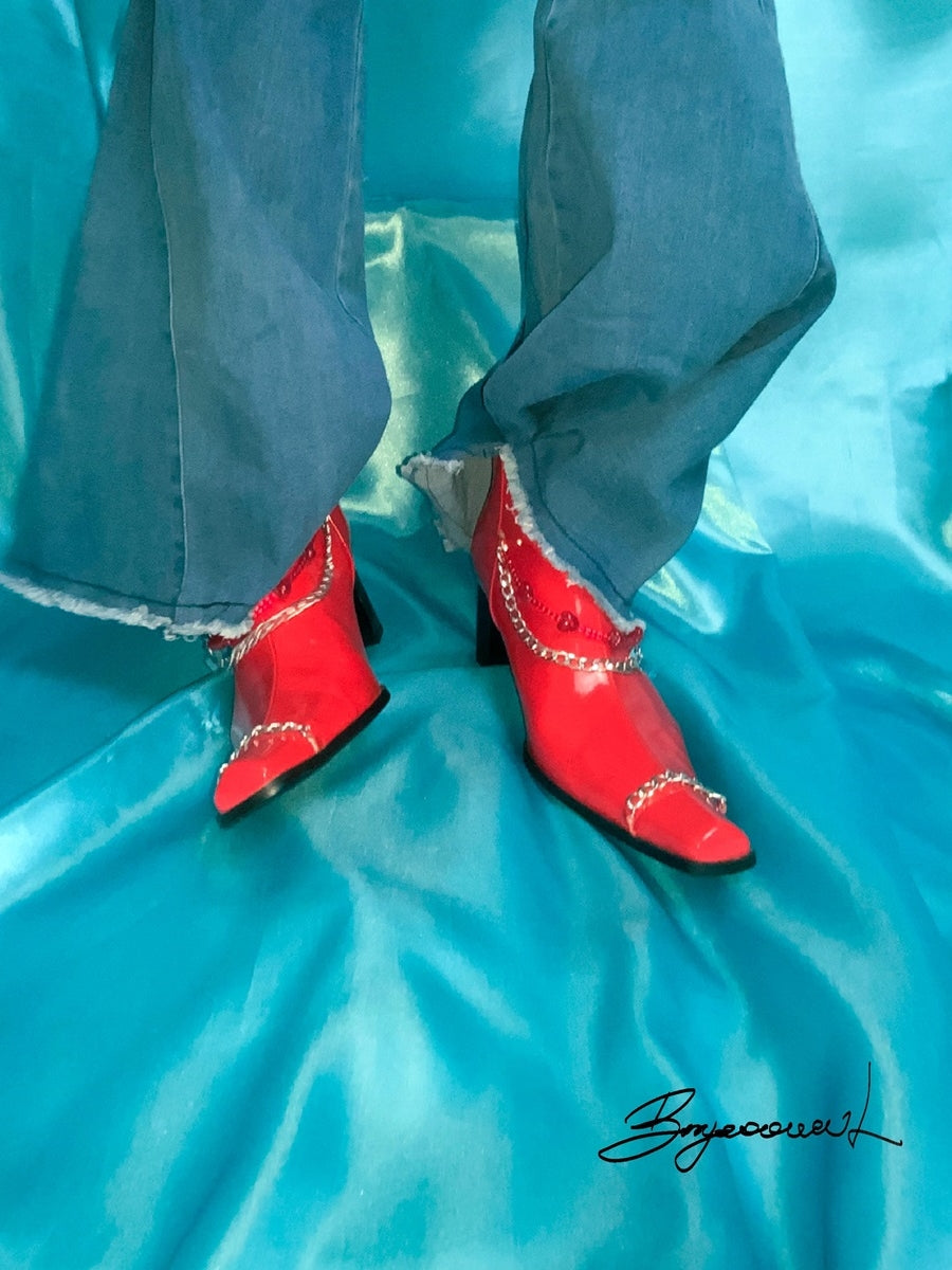 Pointed-Toe Chain Beads Chunky-Heel Short-Boots