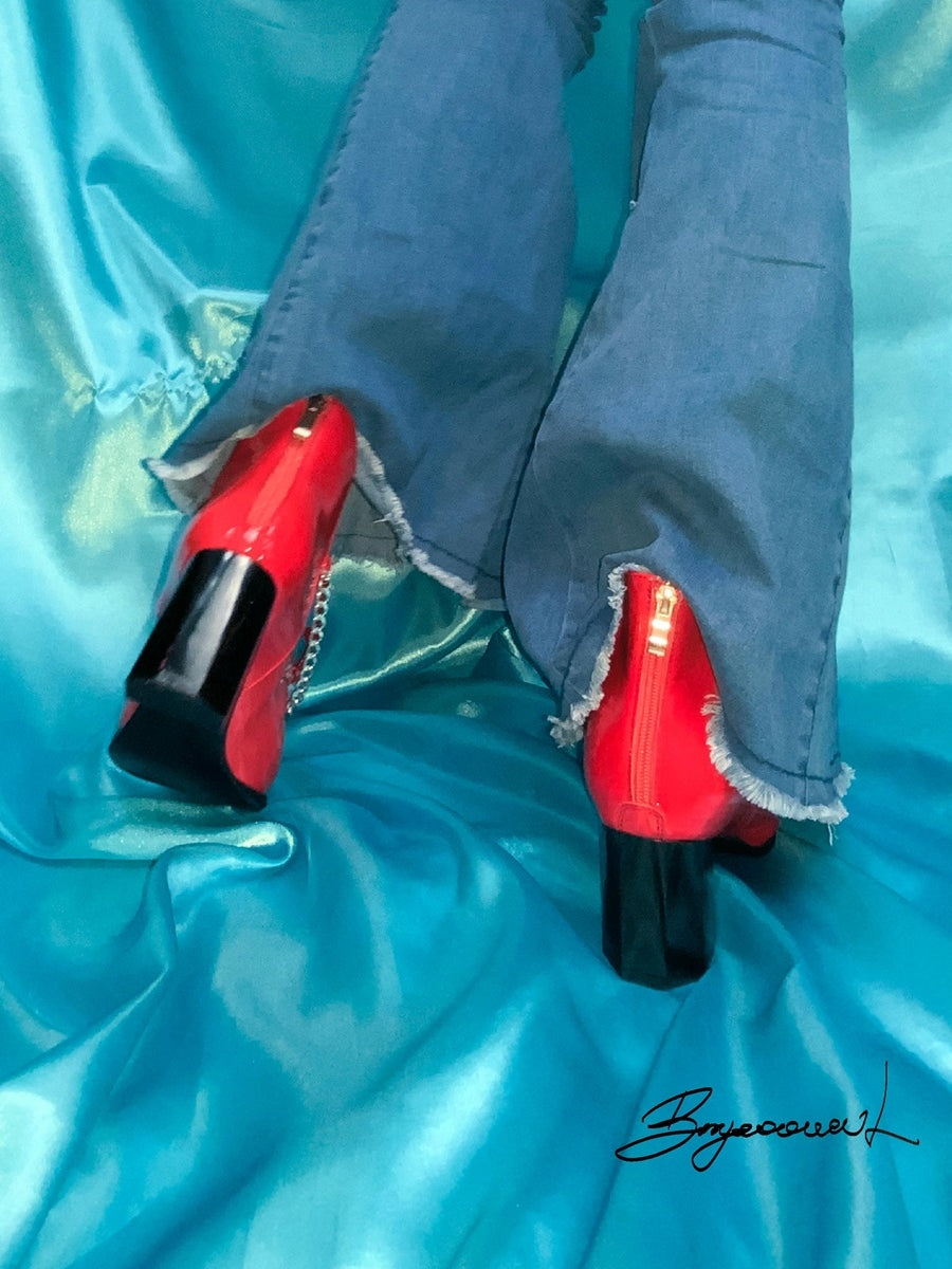 Pointed-Toe Chain Beads Chunky-Heel Short-Boots