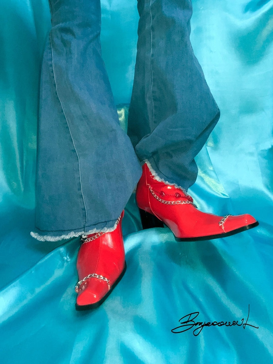 Pointed-Toe Chain Beads Chunky-Heel Short-Boots