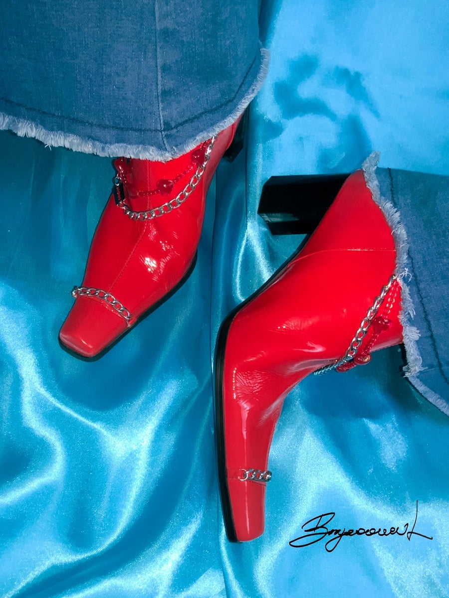 Pointed-Toe Chain Beads Chunky-Heel Short-Boots