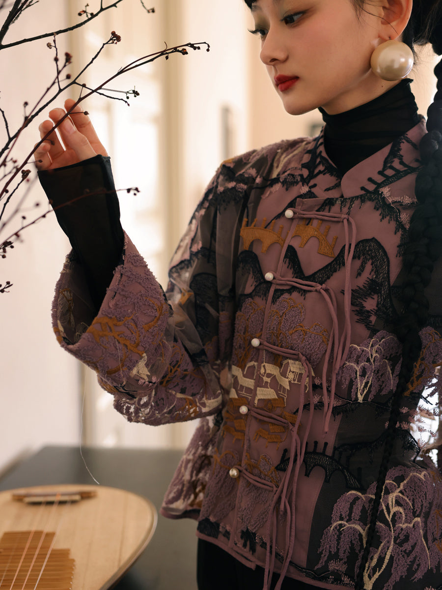 자수 중국 레트로 시프 스루 탑